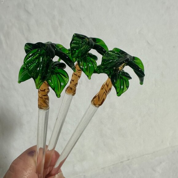 Set Of 3 Vintage Handcrafted Glass Palm Tree Drink Cocktail Stirrers tiki - Picture 8 of 8